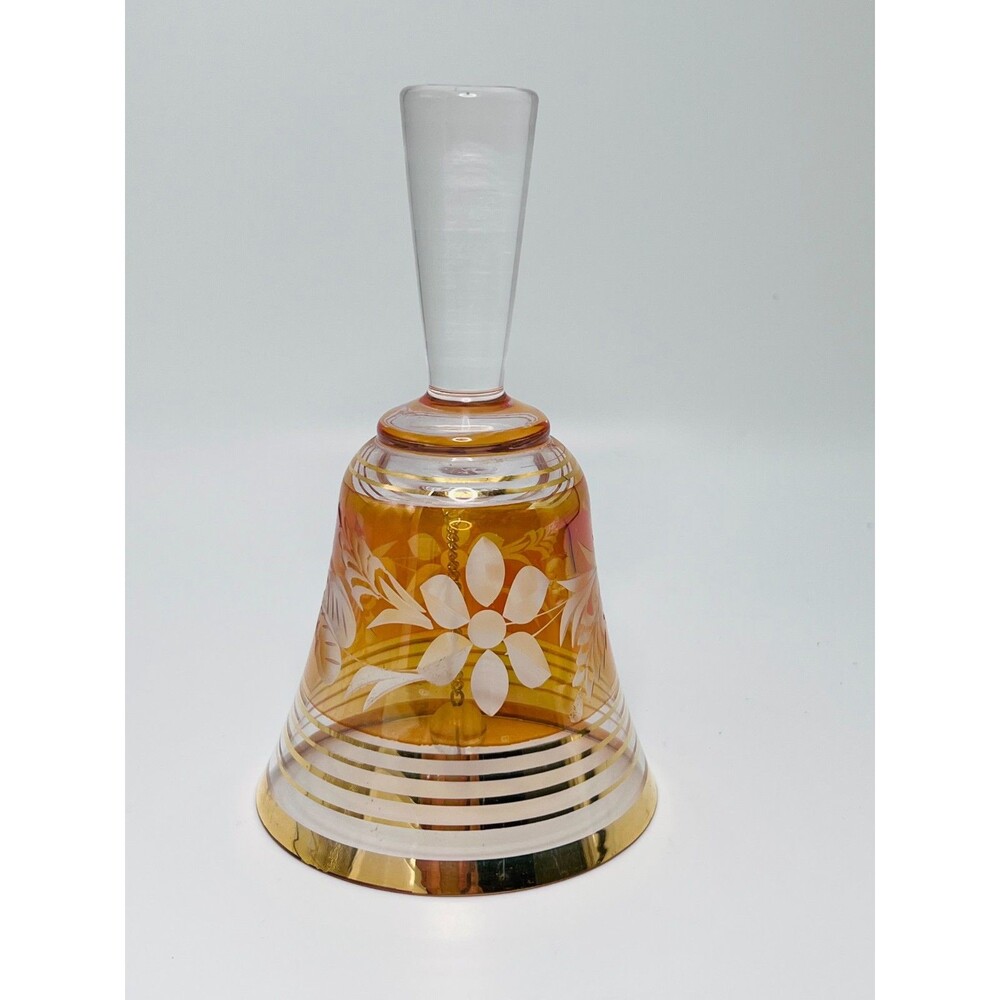 GORGEOUS Vintage Yugoslavian Etched Glass Bell Iridescent Rose Gold ~ 6"